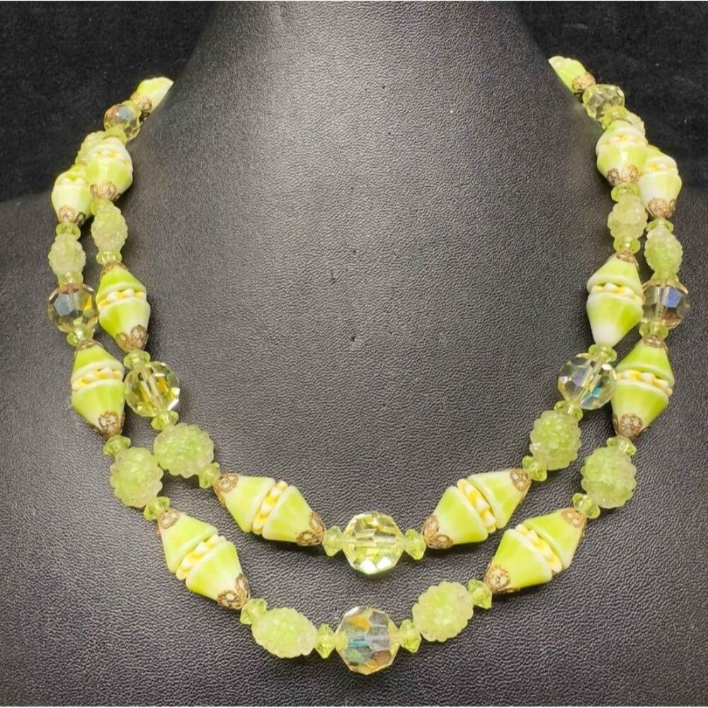 Murano Necklace Venetian Lamp Work Glass Art Light Green Yellow Beaded Double 20